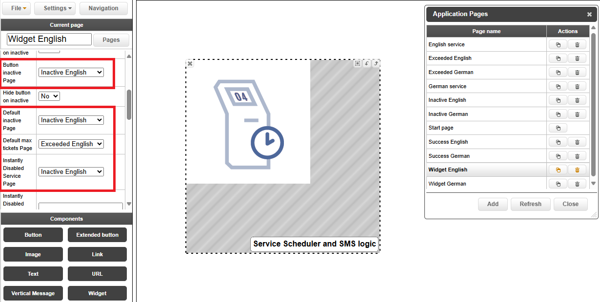 Service Scheduler configuration showing the default pages set for the Widget English view, including start, inactive, exceeded, and success pages. The Application Pages list is visible on the right.