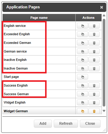 Application Pages dialog showing configured service, exceeded, inactive, start, success, and widget pages for English and German in the Service Scheduler.