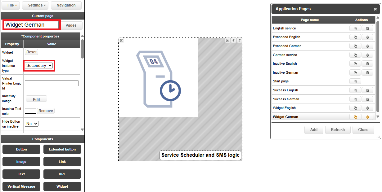 Service Scheduler interface showing Widget German selected in Application Pages, with the widget instance type set to Secondary in the component properties.