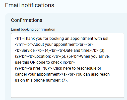 Example of an email booking confirmation with placeholders for service, date and time, location, QR code, rescheduling link, and contact number